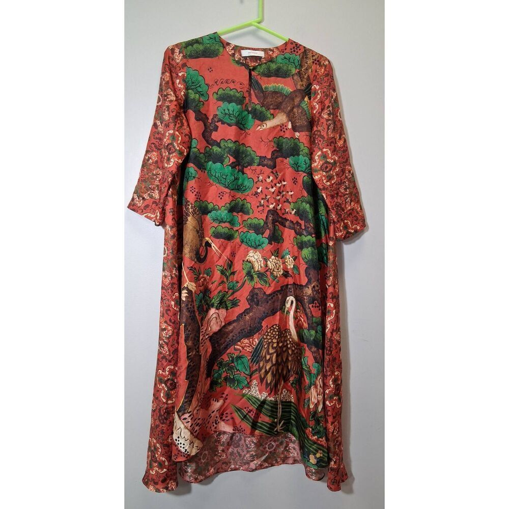 Antiique womens small size 4 maxi dress 100% silk flare whimsical art to wear